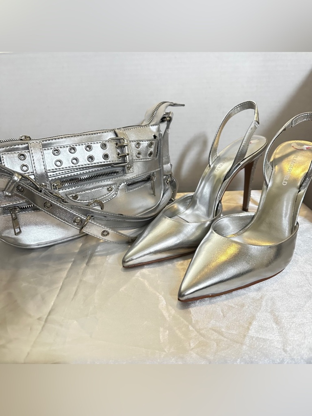Karl Lagerfeld Silver Pointed-Toe Slingback Pumps size 10M .